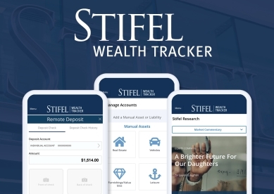 Stifel Wealth Tracker; Image of 3 cell phones with the wealth tracker features on them.